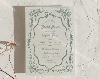 Zielone zaproszenie na wieczór panieński w stylu chinoiserie: ręcznie rysowany kwiatowy toile (pobranie cyfrowe, szablon 5x7")