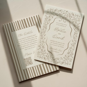 May include: Two wedding invitation cards. One card features a floral design with the names Amelia and David. The other card has a striped background and text that reads "The Details" and "Please F".