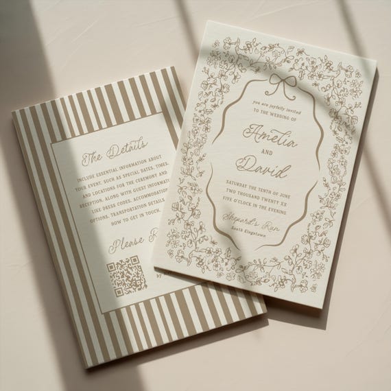 Beige Wedding Invitation Template Elegant Hand Drawn Floral Chinoiserie Digital Download 5x7