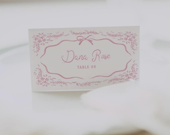 Elegant Pink Toile Place Card Template Whimsical Garden Bridal Shower Digital Download, 0009