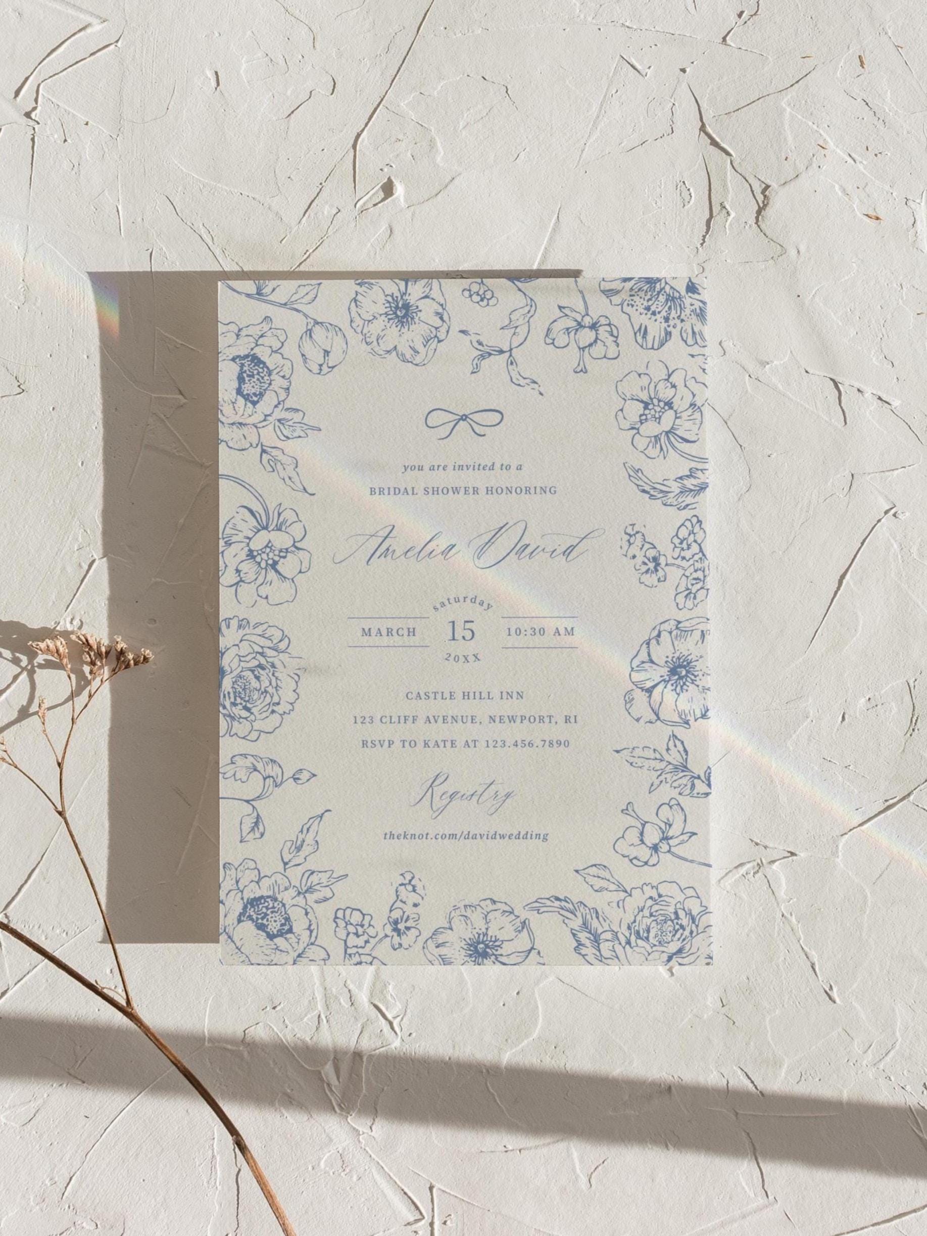 ブルーフローラルブライダルシャワー招待状テンプレート シノワズリ