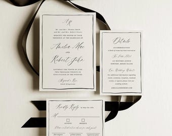 Elegante conjunto de invitaciones de boda en blanco y negro. Tarjeta minimalista con detalles de invitación de boda. Tarjeta RSVP de boda moderna. Descarga digital. 0003