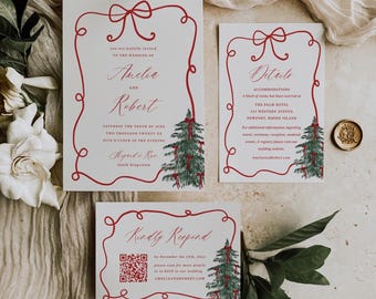 Puede incluir: Juego de invitaciones de boda con bordes decorativos rojos y motivos de lazo. La invitación principal incluye los nombres Amelia y Robert, la fecha, la hora y el lugar. Tarjetas adicionales con detalles y RSVP.