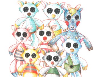 May include: A group of eight plush toys, each with large eyes and a unique design. The toys are made of different fabrics and colors, including blue, red, yellow, and green. They are all standing on a white background.
