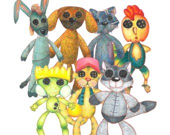 May include: A group of seven colorful plush toys with button eyes. The toys include a blue bunny, a brown dog, a blue cat, a yellow chicken, a green bug, a yellow cat, and a gray raccoon.