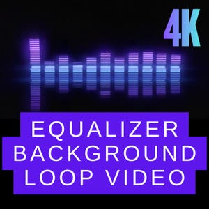 Puede incluir: Gráfico digital con fondo negro que presenta un ecualizador visualizador azul y morado. El texto "EQUALIZER BACKGROUND LOOP VIDEO" se muestra en una pancarta morada. El texto "4K" está en la esquina superior derecha.