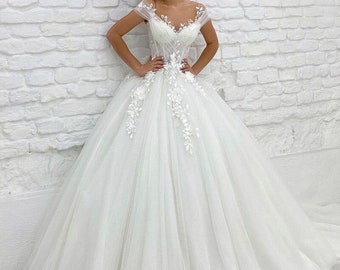 Princess Wedding Dresses Off Shoulder 3D Lace Applique Ladies Sleeveless Boho Bridal Gown