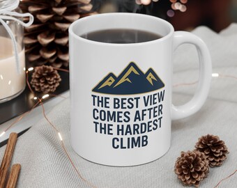 Taza de café con temática de montaña, cita motivacional para excursionistas, regalo para amantes de la naturaleza.