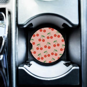Cherry Car Coaster | Pink Soapstone Cup-Holder Insert | Cute Fruit Car Accessory | Absorbent Cherry Pattern Gift