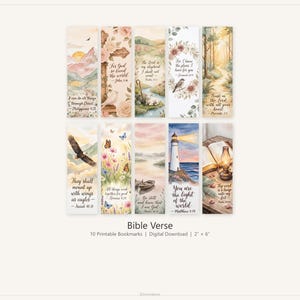 May include: Set of ten printable Bible verse bookmarks. Each bookmark features watercolor illustrations of landscapes, flowers, and animals, with inspirational quotes. Bookmarks measure 2 inches by 6 inches.