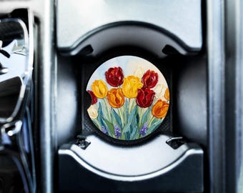 Frühlings-Tulpe-Auto-Untersetzer, rote und gelbe Blumen, saugfähiger Speckstein