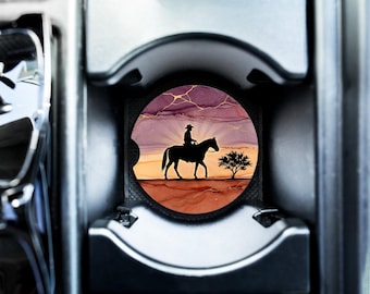 Cowboy Sunset Car Coaster - Western Horse Rider Kintsugi Soapstone Absorbent Cup Holder Truck Accessory