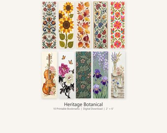 Botanische druckbare Lesezeichen 10er Set, Folk Art Floral Lesezeichen Bundle, Blumen-Liebhaber-Geschenk, William Morris Stil Digitaler Download