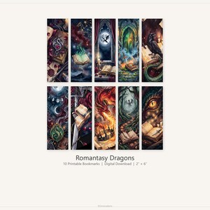 Peut inclure: Dix marque-pages imprimables sur le thème de la fantaisie. Chaque marque-page présente des illustrations détaillées de dragons, de livres et de scènes mystiques. Les marque-pages mesurent environ 5 cm sur 15 cm, avec le texte "Romantasy Dragons" en bas.