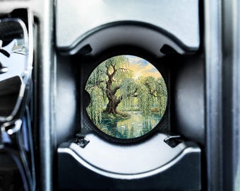 Trauerweide Auto-Untersetzer - Speckstein saugfähiger Getränkehalter-Untersetzer mit friedlichem Weidenbaum-Teich und Enten