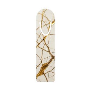 May include: A rectangular bookmark with a rounded top, featuring a white background with a gold vein pattern. The bookmark has a cutout at the top for easy placement in a book. The gold veins create a striking contrast against the white.