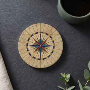 Compass Rose Ceramic Coaster, Vintage Nautical Map Wind Rose in Navy Red Green and Gold, Single Round Cork Back Coaster, Sailing Gift