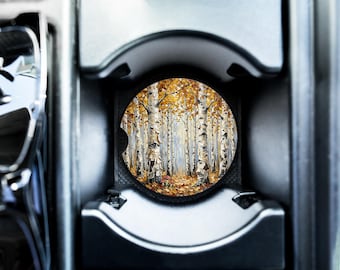 Birkenwald Auto-Untersetzer - Speckstein saugfähiger Getränkehalter-Untersetzer mit Herbst-Birken und goldenen Herbstblättern