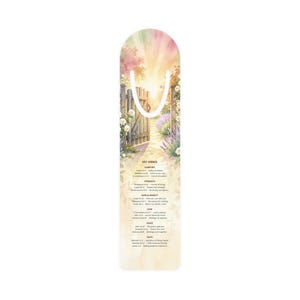 Op de afbeelding: Een aquarel bladwijzer met een tuinscène met een open poort die naar een helder licht leidt. De bladwijzer bevat tekst met sleutelverzen over troost, kracht, angst, liefde, vrede en geloof. De bovenkant heeft een gebogen ontwerp.