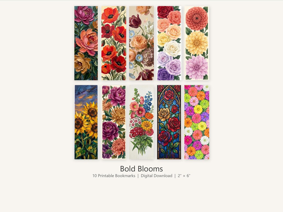 Printable Bold Blooms Bookmarks, Set of 10 Vibrant Floral Bookmark ...