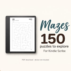 Puede incluir: Una tableta digital negra que muestra un rompecabezas de laberinto en su pantalla. El texto a la derecha dice Mazes 150 puzzles to explore For Kindle Scribe. La pantalla muestra Maze 1 of 150 con etiquetas start y finish en las esquinas.