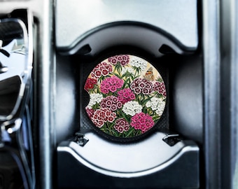 Hortensien-Cluster-Untersetzer im Auto - saugfähiger Getränkehalter-Untersetzer aus Speckstein mit bunten Gartenblumen und Schmetterling