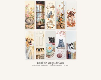 Katze und Hund druckbare Lesezeichen Set von 10, Haustier Liebhaber Lesezeichen Bundle, Buch-Liebhaber Geschenk, Aquarell Tier digitaler Download