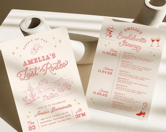 May include: A pink and gold invitation for a bachelorette party with a western theme. The invitation says "Saddle Up For Amelia's Last Rodeo" and includes a drawing of a desert landscape with cacti and a cowboy hat. The invitation also includes the date, time, and location of the party.