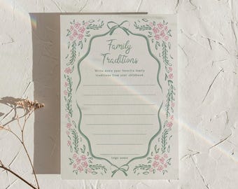 Family Traditions Baby Shower Game Advice Card Template Activity Hand Drawn Floral Editable Games Pink Green Floral Printable, 0112