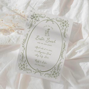 May include: A white invitation with a green floral border and a bunny illustration. It reads "Join us for Easter Bunch and an egg hunt!" with the date, time, address, and contact information.
