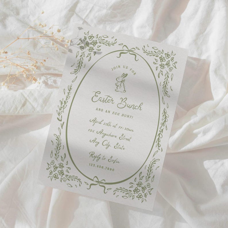 May include: A white invitation with a green floral border and a bunny illustration. It reads "Join us for Easter Bunch and an egg hunt!" with the date, time, address, and contact information.