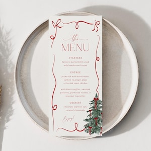 Menu świąteczne Rysowane ręcznie Menu kolacji świątecznej Fantazyjny szablon karty z kokardą Edytowalne menu i karta imienna Do wydrukowania Pobierz, 0062