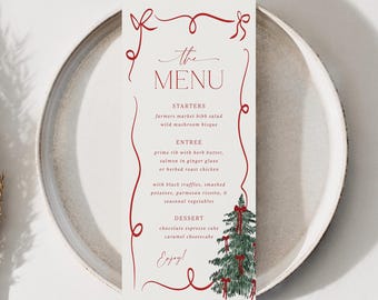 Menù di Natale disegnato a mano, menù per la cena di festa, menù con fiocco stravagante, modello di segnaposto modificabile e cartellino con nome stampabile da scaricare, 0062