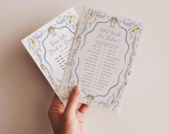Bridal Shower Games Template Lemon Bridal Shower Advice Wishes Card Blue European Summer Hand Drawn Chinoiserie Editable Download, 0101