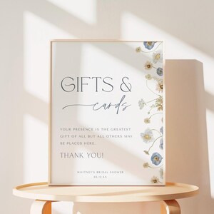 Cadeau tafelbord vrijgezellenfeest cadeau en kaart tafelbord moderne blauwe bloemen bewerkbaar bord in bloei babyshowerbord sjabloon afdrukbaar, 0022