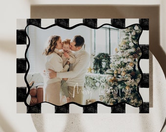 Christmas Photo Card Picture Holiday Card Printable Checker Holiday Card Editable Template Modern Black and White Scallop Wave Card, 0072