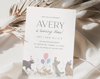 Cat Birthday Invitation Kitten Party Invite Editable Pink Cat Invitation Kitty Pawty Invite Printable Invite Template Digital Download, 0069