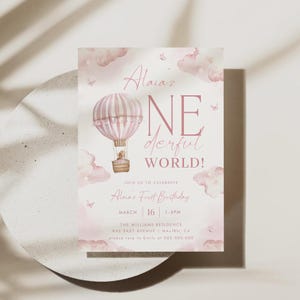 ONEderful World Birthday Invitation Hot Air Balloon First Birthday Invite 1st Birthday Girl DIY Party Printable Invitation Template, 0044