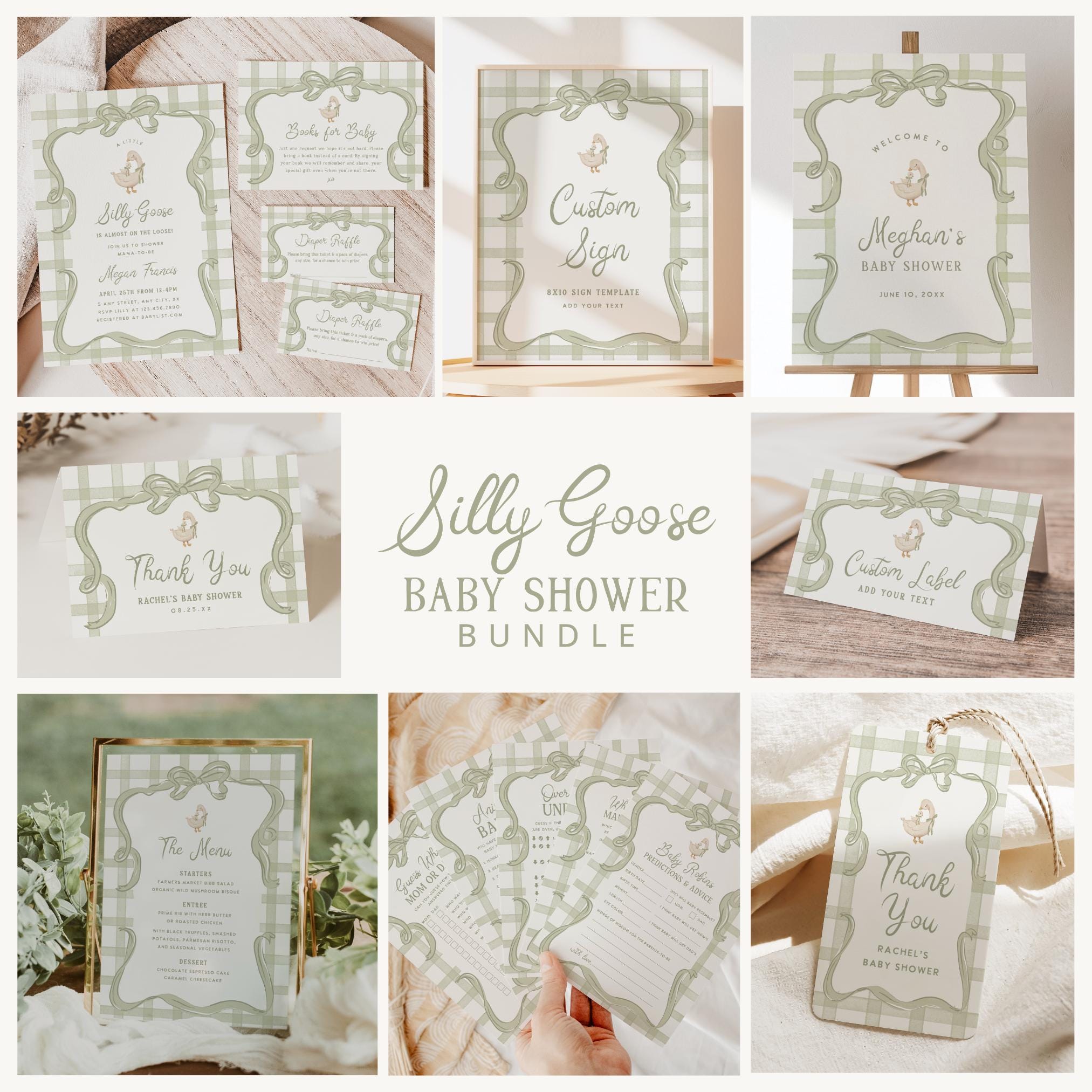 Goose Baby Shower Bundle Silly Goose Baby Shower Gender Neutral Shower Template Whimsy Bow Vintage Mother Goose Invite Printable, 0094