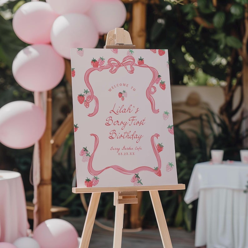 Berry Birthday Welcome Sign Template Printable Berry First Birthday Sign Whimsical Strawberry Birthday Poster Berry Sign Board Party, 0087 image 1