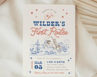 Könnte beinhalten: Eine hellblaue und rote Einladung mit einem Cowboy, der auf einem Pferd reitet und ein Kalb mit einem Lasso fängt. Der Text lautet "Wilder's First Rodeo" und enthält Datum, Uhrzeit und Ort der Veranstaltung. RSVP-Informationen sind ebenfalls enthalten.