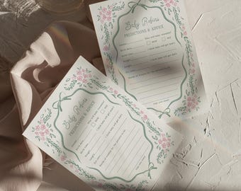 Baby Predictions and Advice Card Template Baby Shower Activity Hand Drawn Floral Shower Games Editable Pink Green Floral Printable, 0112