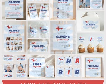 May include: A collection of aeroplane-themed first birthday party supplies including invitations, milestone posters, favour tags, cupcake toppers, water bottle labels, a time capsule sign, and table signs featuring red planes and blue clouds.