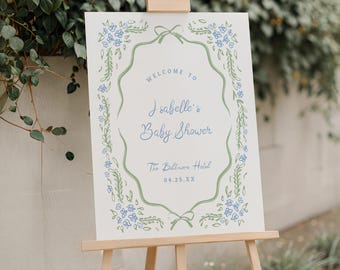 Plakat na baby shower z niebiesko-zielonym kwiatowym napisem powitalnym, szablon spersonalizowany, toile, do druku cyfrowego, 0147