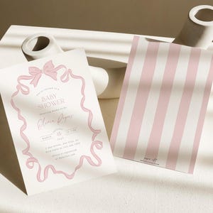 Convite para chá de bebê com laço, modelo de convite para chá de bebê com laço, desenhado à mão, editável, convite com laço rosa, para impressão, download digital, 0078