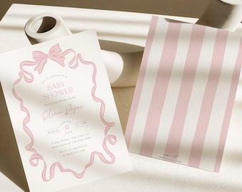 Bow Baby Shower Invitation Coquette Bow Shower Invitation Template Hand Drawn Editable Pink Bow Invite Printable Digital Download, 0078