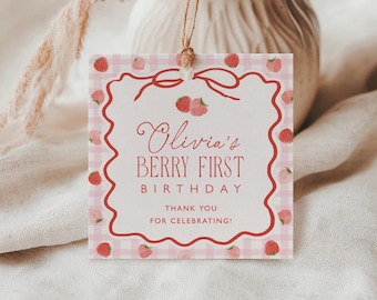 Etiqueta personalizada para fiestas de primer cumpleaños con diseño de fresa, plantilla imprimible, 0140