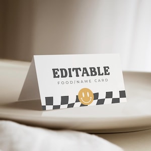 Cartão de etiqueta de comida One Happy Dude Smiley Face Name Tags Retro Dude Birthday Party Editável Tenda Etiqueta Cartão Modelo Download Imprimível, 0021