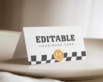 One Happy Dude Food Label Card Smile Face Name Tags Retro Dude Birthday Party Editable Tent Label Card Template Download Printable, 0021