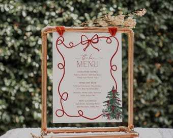 Christmas Menu Hand Drawn Holiday Party Dinner Menu Whimsical Bow Frame Menu Template Editable Cocktail Party Food Menu Printable, 0062